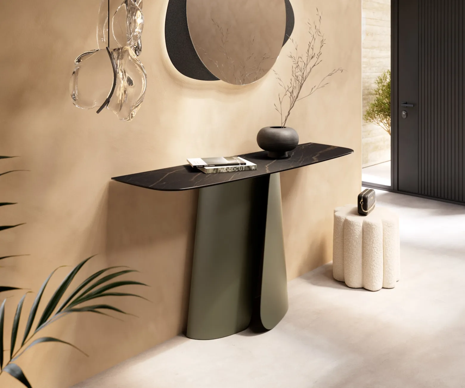 KonsolentischEdge Boot 140x40 cm Keramik Laminam® Noir Desir Braun Livos Metall Effektfinish Titan Sofort versandfertig