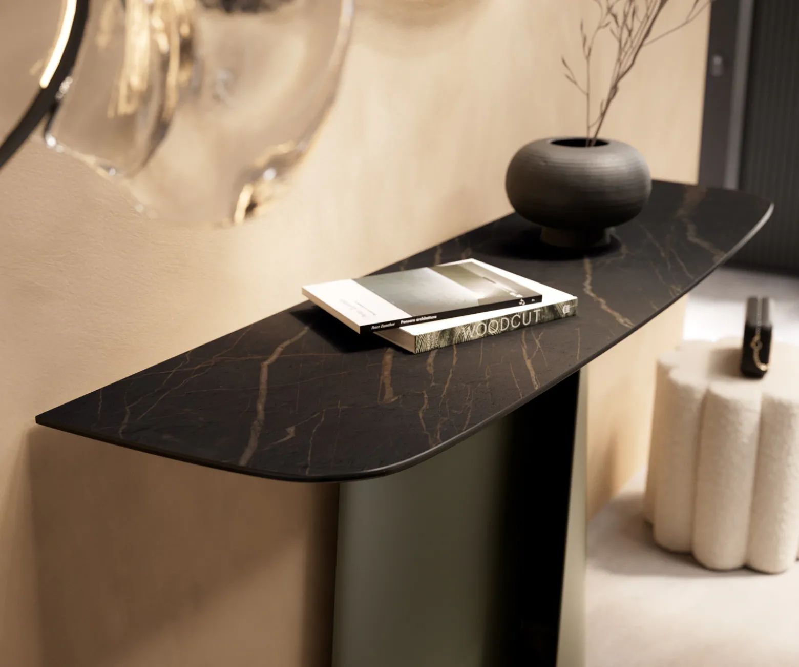 KonsolentischEdge Boot 140x40 cm Keramik Laminam® Noir Desir Braun Livos Metall Effektfinish Titan Sofort versandfertig