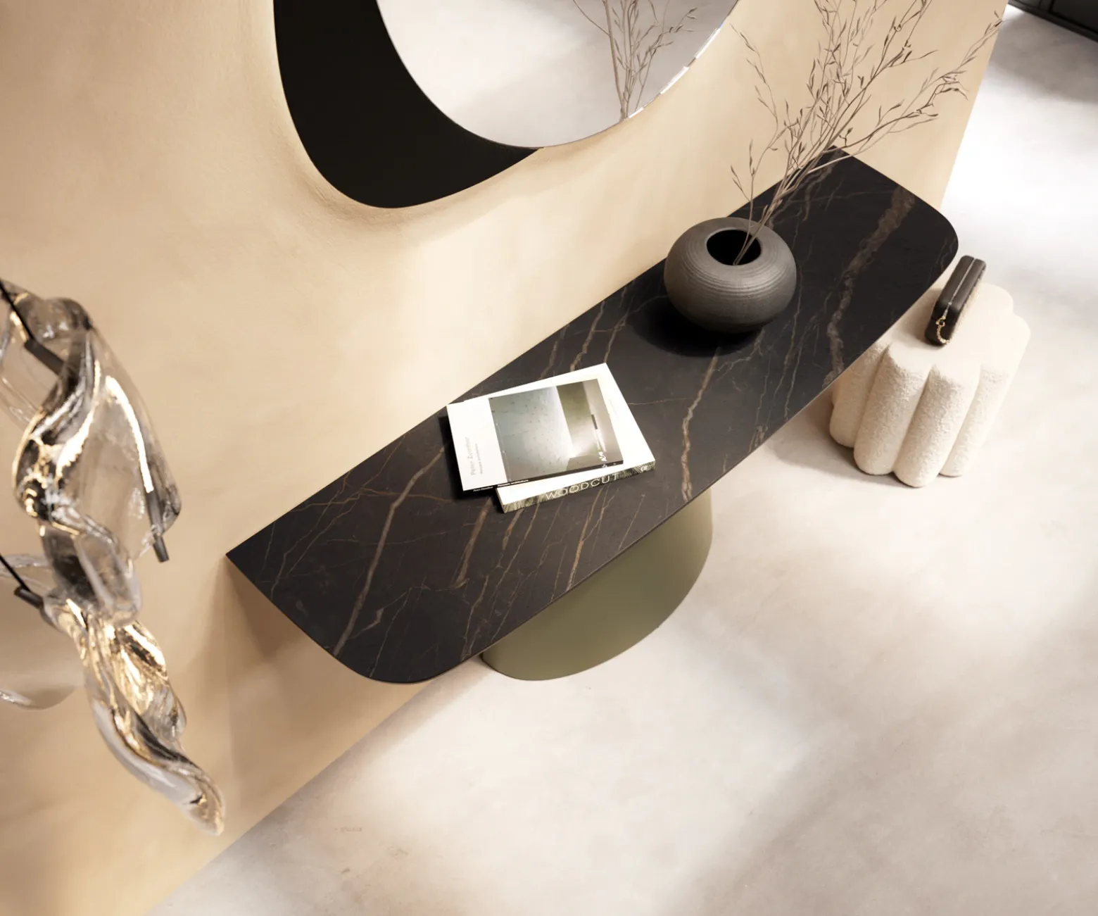 KonsolentischEdge Boot 140x40 cm Keramik Laminam® Noir Desir Braun Conos Metall Effektfinish Titan Sofort versandfertig