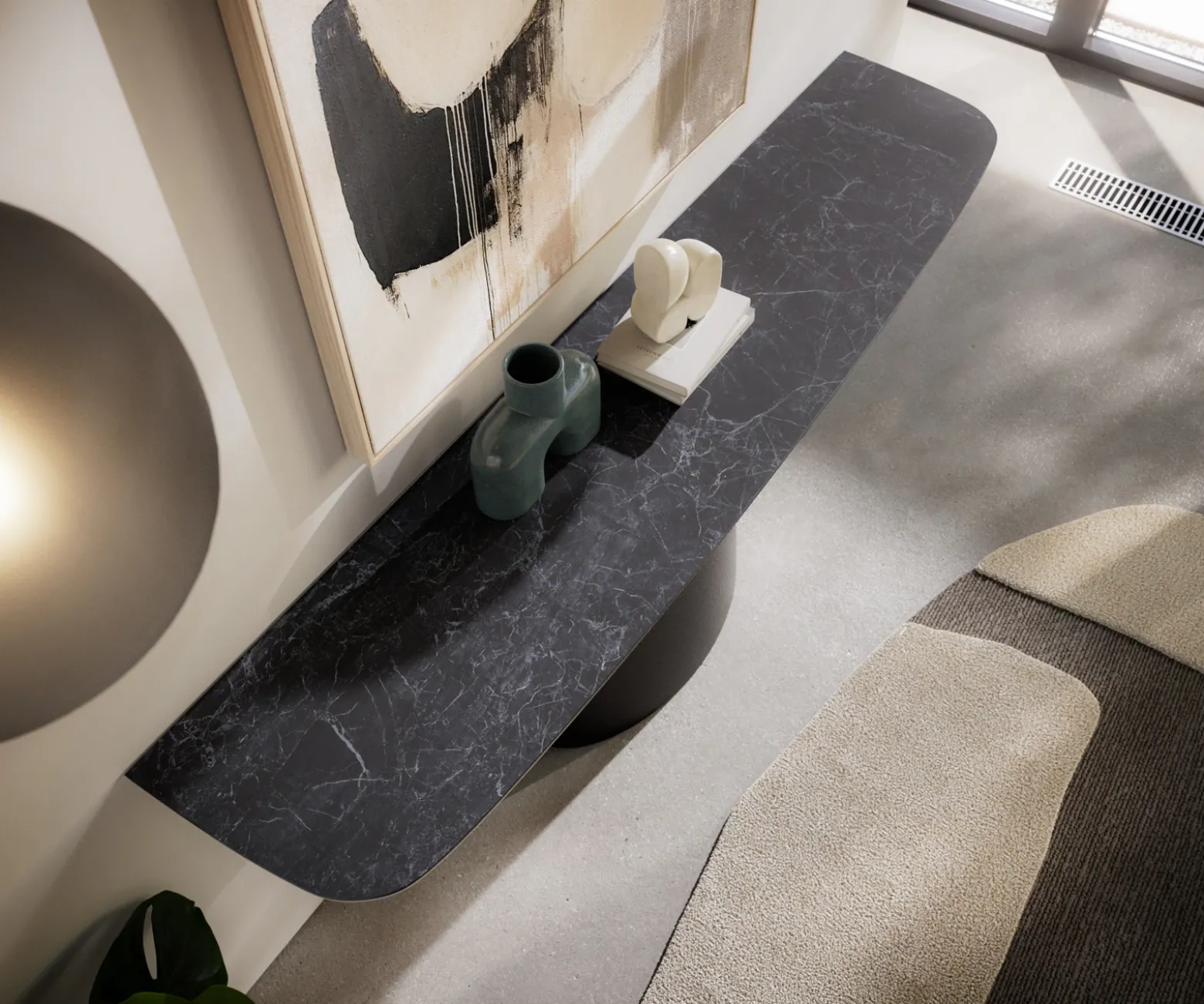 KonsolentischEdge Boot 180x40 cm Keramik Laminam® Nero Greco Anthrazit Conos Metall Schwarz Sofort versandfertig