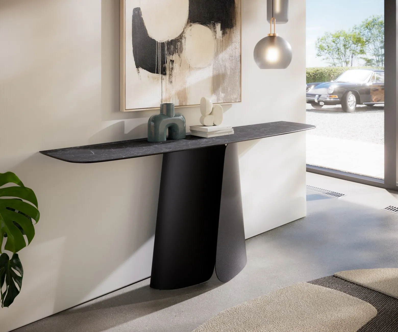 KonsolentischEdge Boot 180x40 cm Keramik Laminam® Nero Greco Anthrazit Livos Metall Schwarz Sofort versandfertig