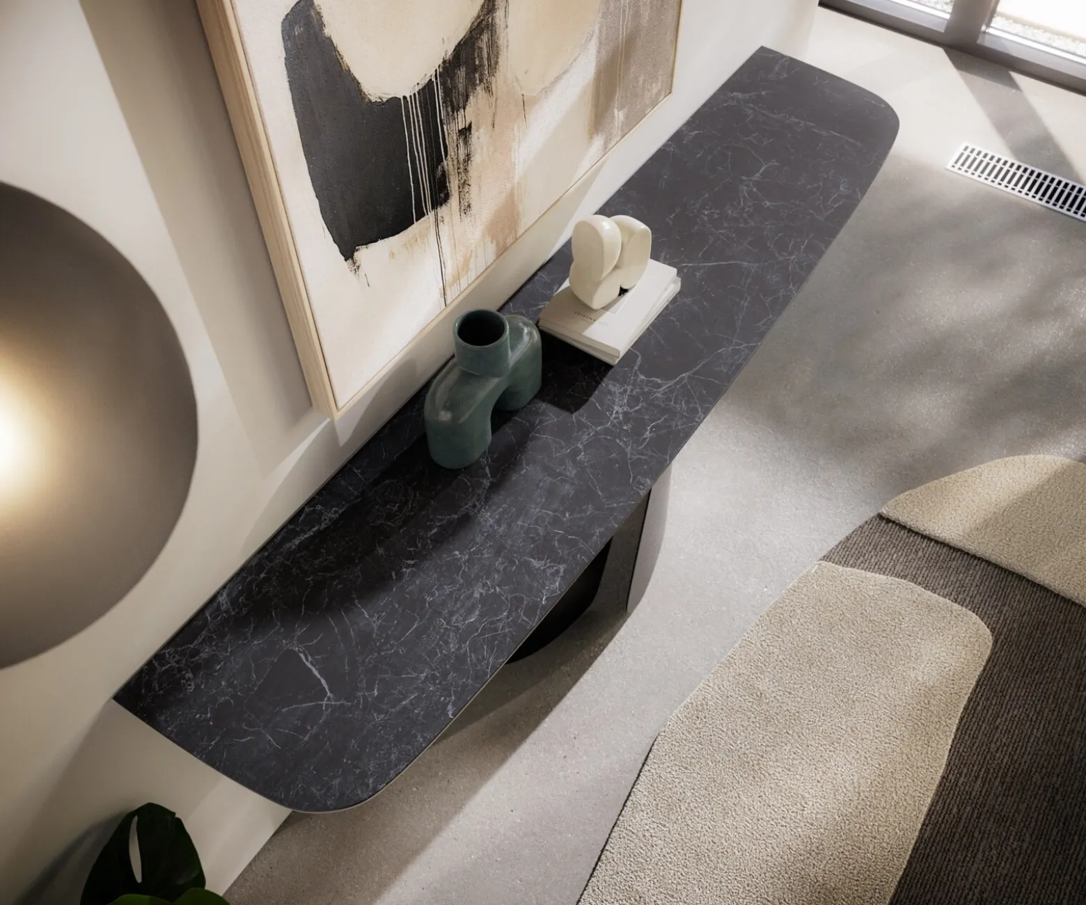 KonsolentischEdge Boot 180x40 cm Keramik Laminam® Nero Greco Anthrazit Livos Metall Schwarz Sofort versandfertig