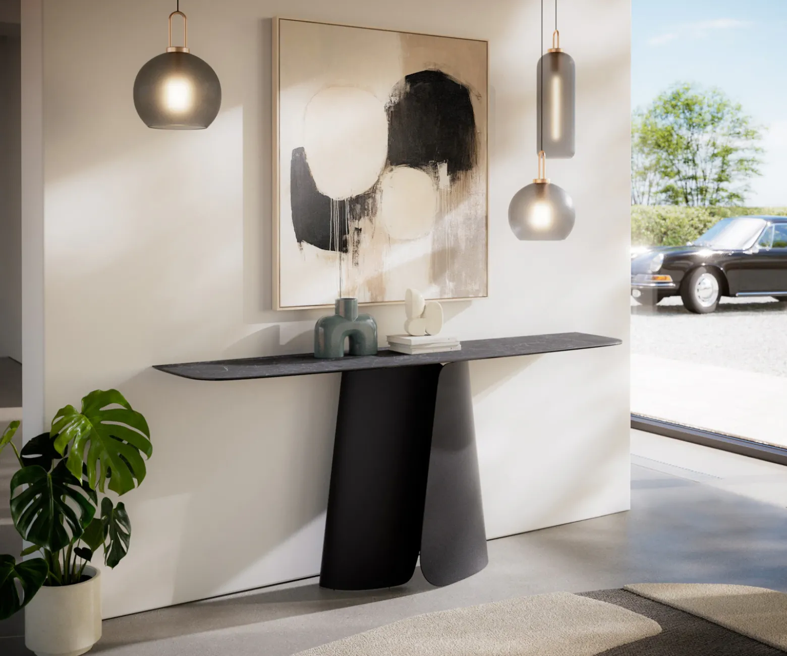 KonsolentischEdge Boot 180x40 cm Keramik Laminam® Nero Greco Anthrazit Livos Metall Schwarz Sofort versandfertig
