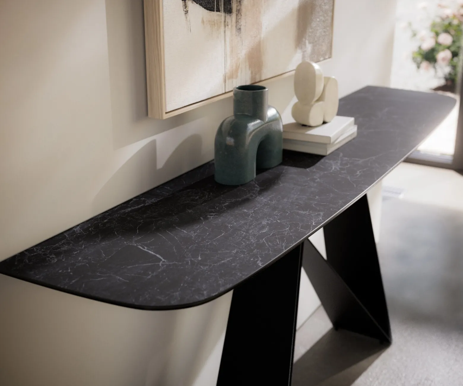 KonsolentischEdge Boot 180x40 cm Keramik Laminam® Nero Greco Anthrazit Velio Metall Schwarz Sofort versandfertig