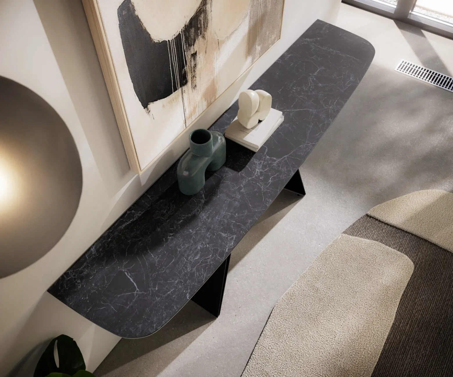 KonsolentischEdge Boot 180x40 cm Keramik Laminam® Nero Greco Anthrazit Velio Metall Schwarz Sofort versandfertig