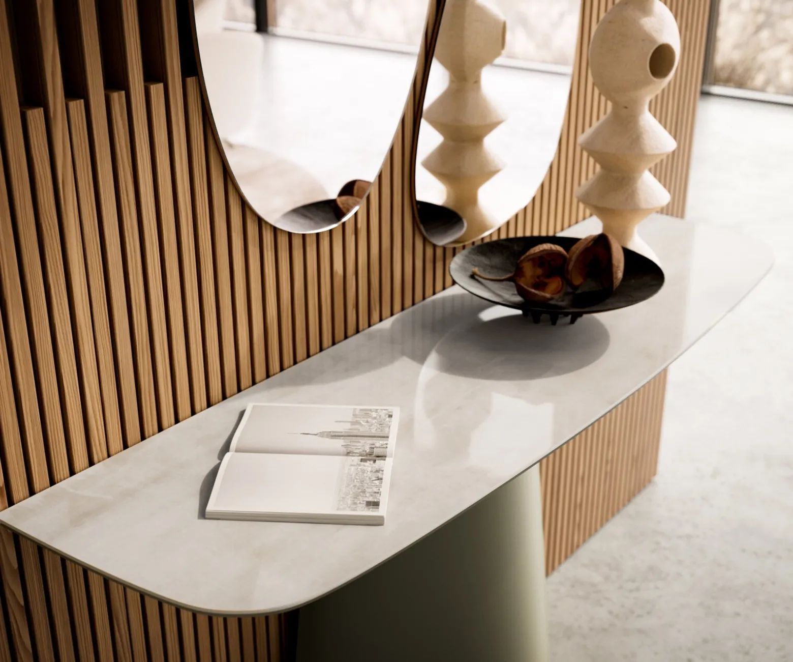 KonsolentischEdge Boot 140x40 cm Keramik Onyx Champagne Conos Metall Effektfinish Titan Versandfertig ca. 25.09.26