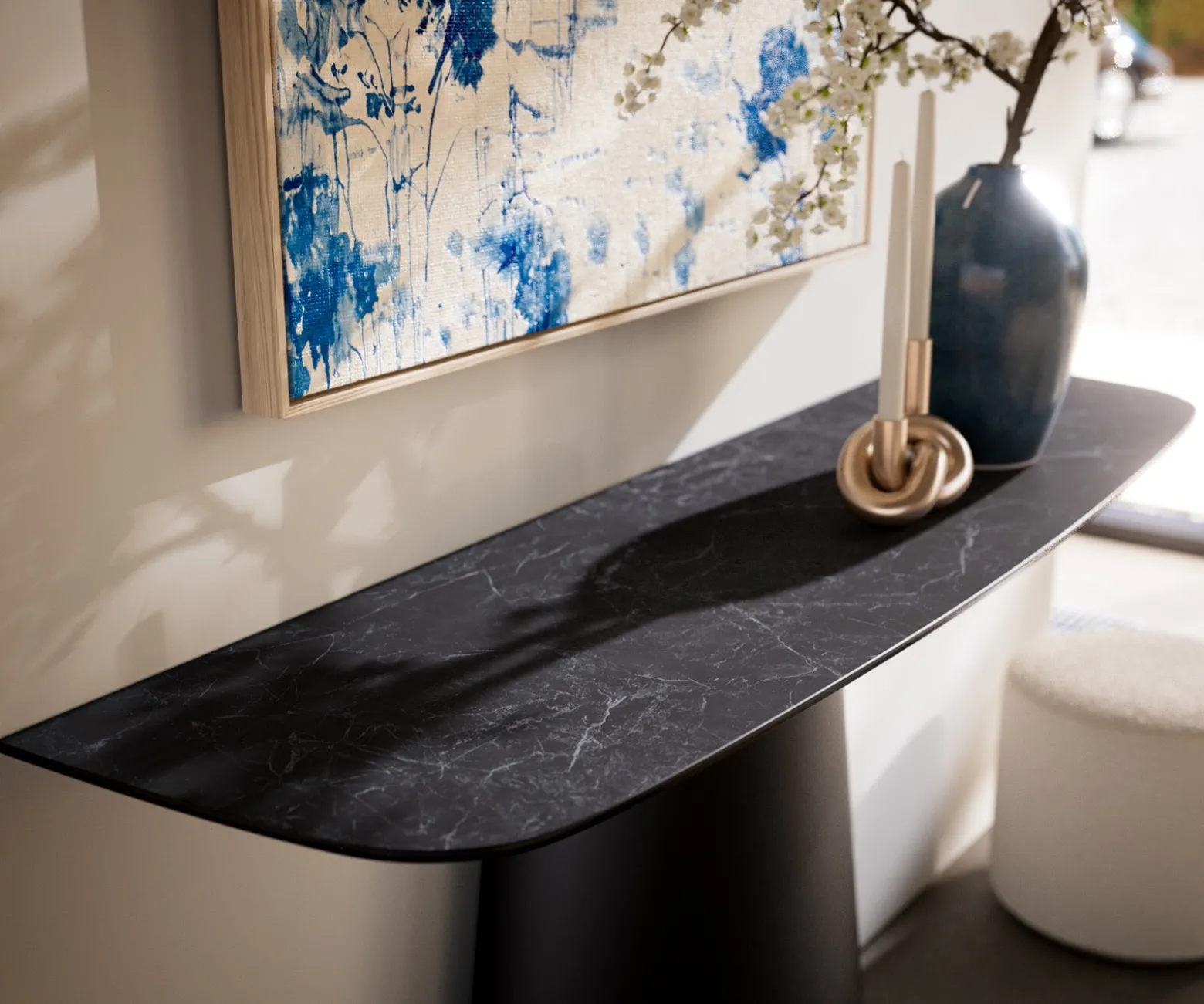 KonsolentischEdge Boot 140x40 cm Keramik Laminam® Nero Greco Anthrazit Conos Metall Schwarz Sofort versandfertig