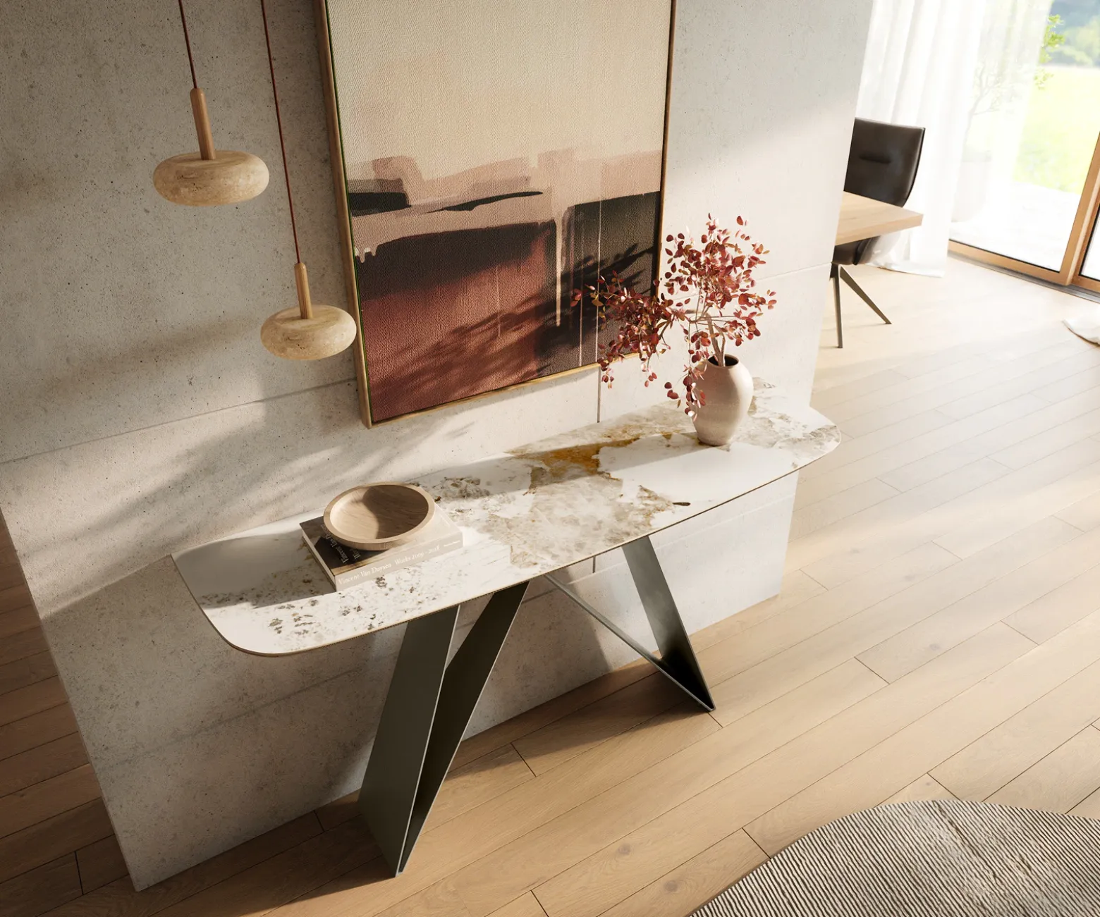 KonsolentischEdge Boot 140x40 cm Keramik Minas Melange Weiß-Beige Velio Metall Effektfinish Titan Sofort versandfertig