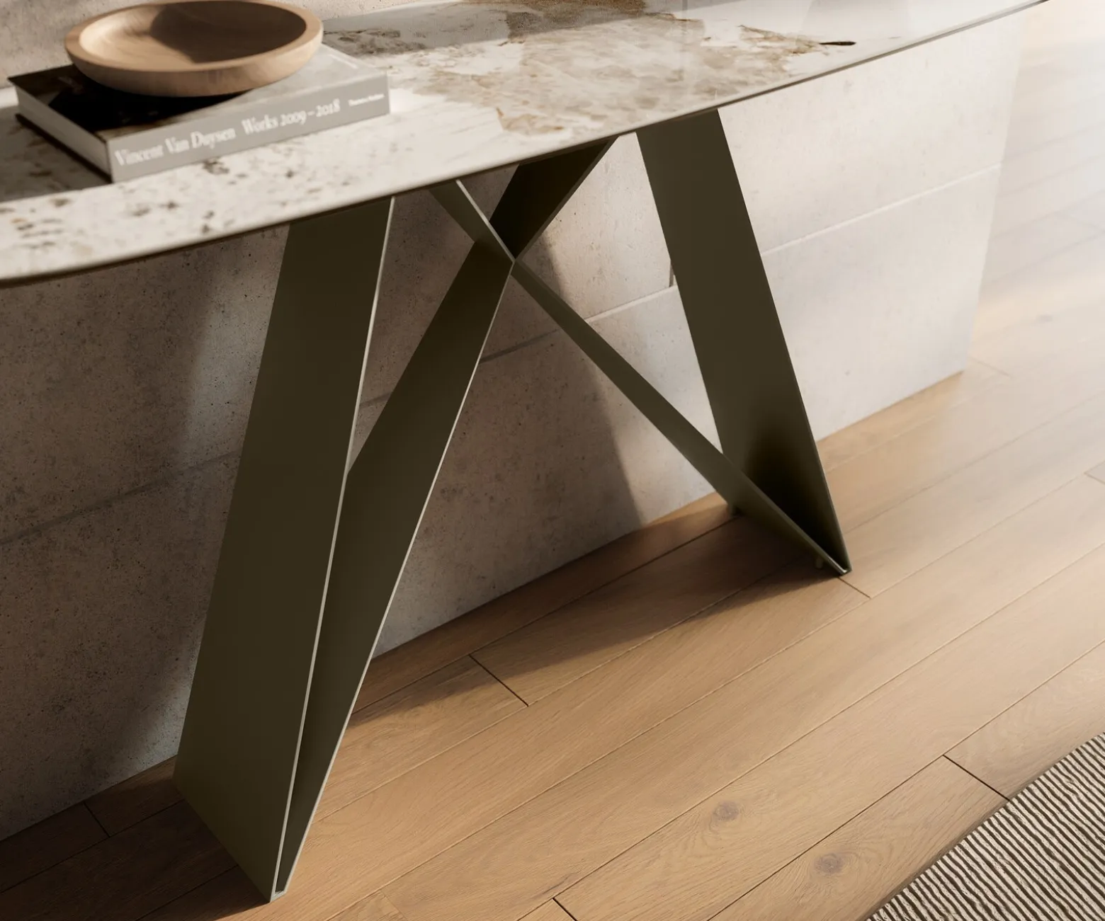 KonsolentischEdge Boot 140x40 cm Keramik Minas Melange Weiß-Beige Velio Metall Effektfinish Titan Sofort versandfertig
