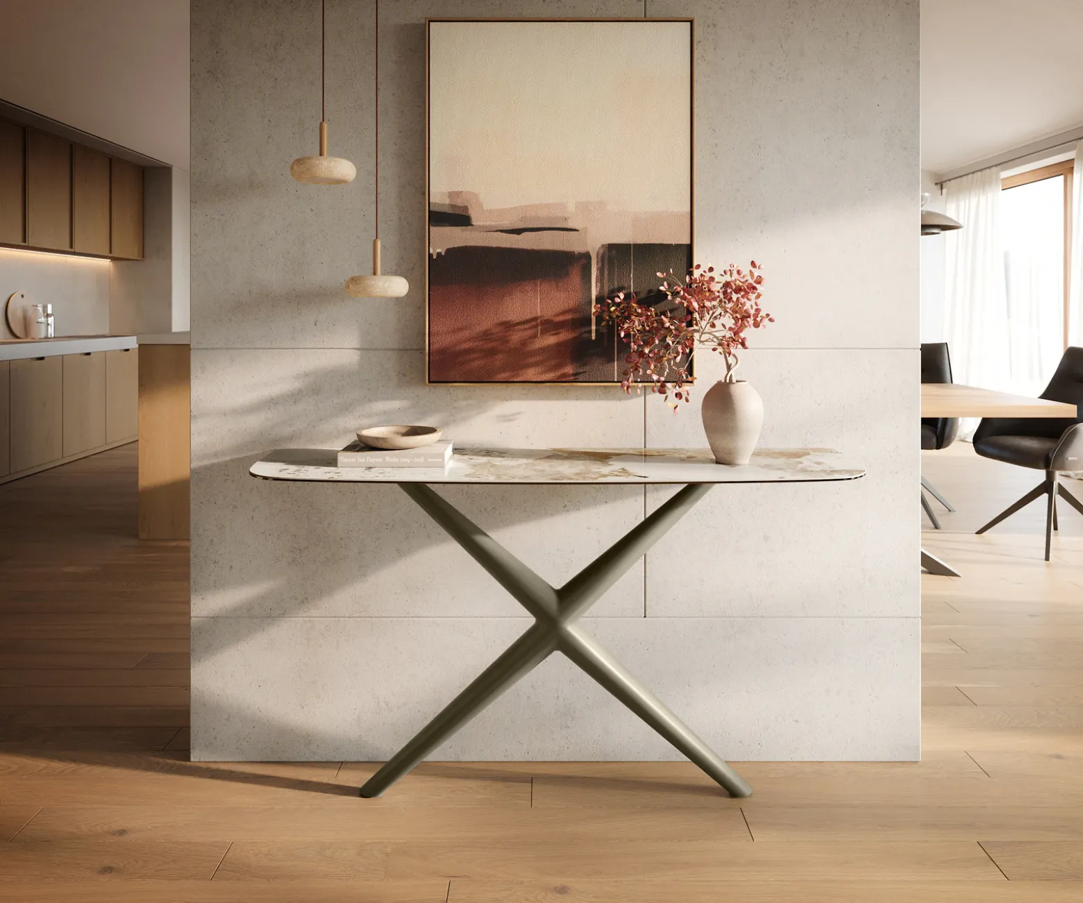 KonsolentischEdge Boot 140x40 cm Keramik Minas Melange Weiß-Beige Estelo Metall Effektfinish Titan Sofort versandfertig