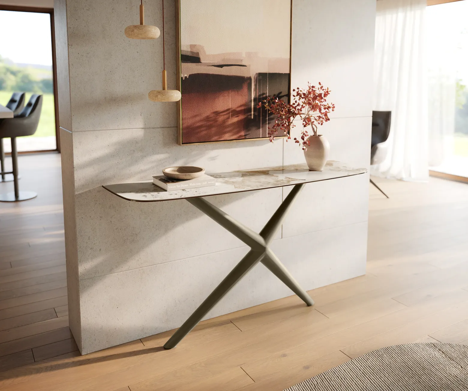 KonsolentischEdge Boot 140x40 cm Keramik Minas Melange Weiß-Beige Estelo Metall Effektfinish Titan Sofort versandfertig
