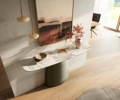 KonsolentischEdge Boot 140x40 cm Keramik Minas Melange Weiß-Beige Conos Metall Effektfinish Titan Sofort versandfertig