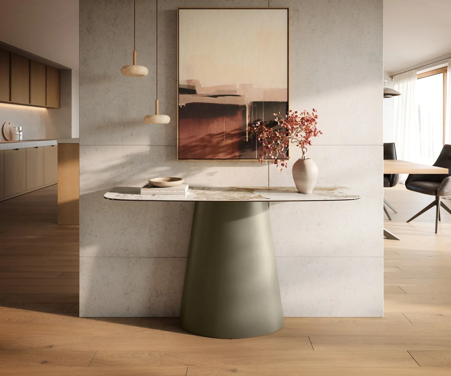 KonsolentischEdge Boot 140x40 cm Keramik Minas Melange Weiß-Beige Conos Metall Effektfinish Titan Sofort versandfertig
