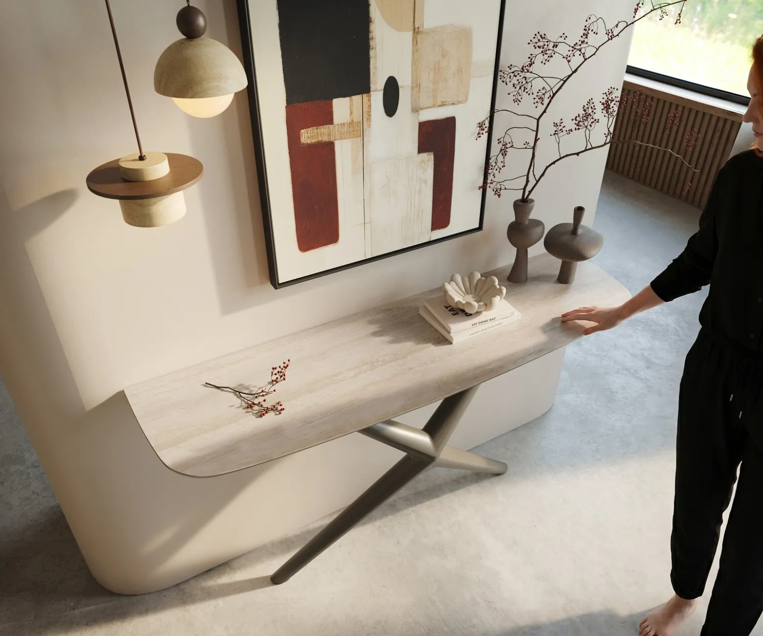 KonsolentischEdge Boot 140x40 cm Keramik Laminam® Travertino Bianco Creme-Weiß Estelo Metall Effektfinish Titan Sofort versandfertig