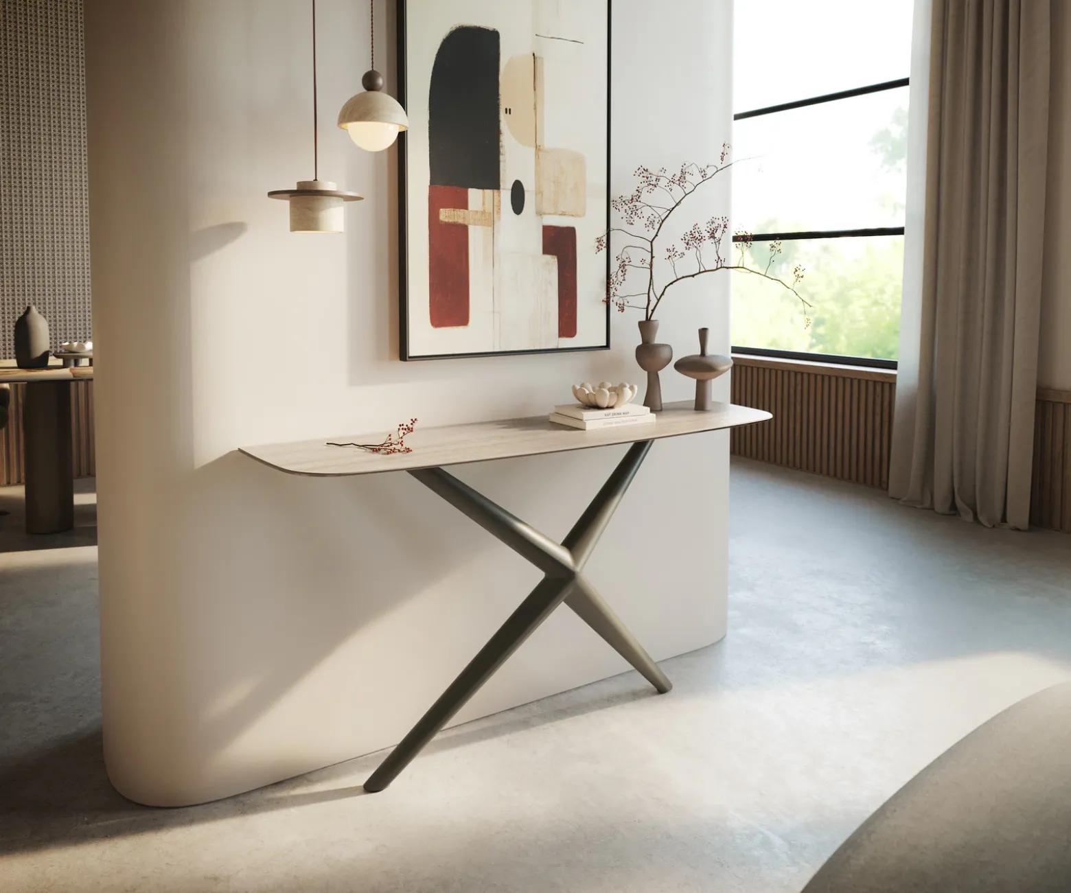 KonsolentischEdge Boot 140x40 cm Keramik Laminam® Travertino Bianco Creme-Weiß Estelo Metall Effektfinish Titan Sofort versandfertig