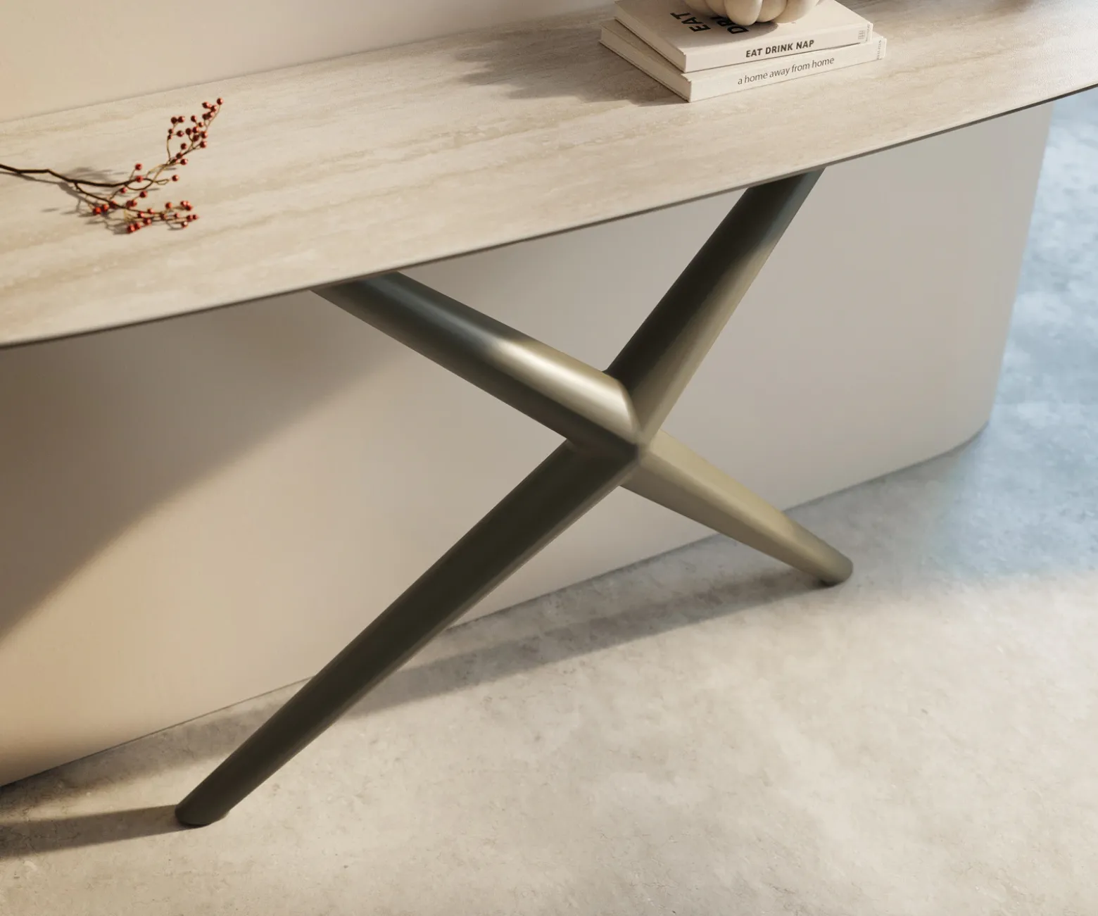 KonsolentischEdge Boot 140x40 cm Keramik Laminam® Travertino Bianco Creme-Weiß Estelo Metall Effektfinish Titan Sofort versandfertig