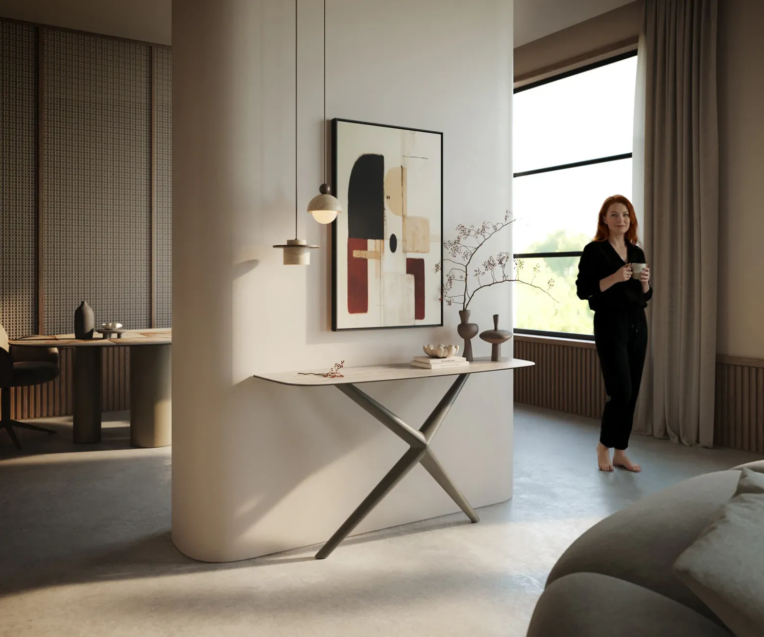 KonsolentischEdge Boot 140x40 cm Keramik Laminam® Travertino Bianco Creme-Weiß Estelo Metall Effektfinish Titan Sofort versandfertig