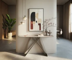 KonsolentischEdge Boot 140x40 cm Keramik Laminam® Travertino Bianco Creme-Weiß Velio Metall Effektfinish Titan Sofort versandfertig