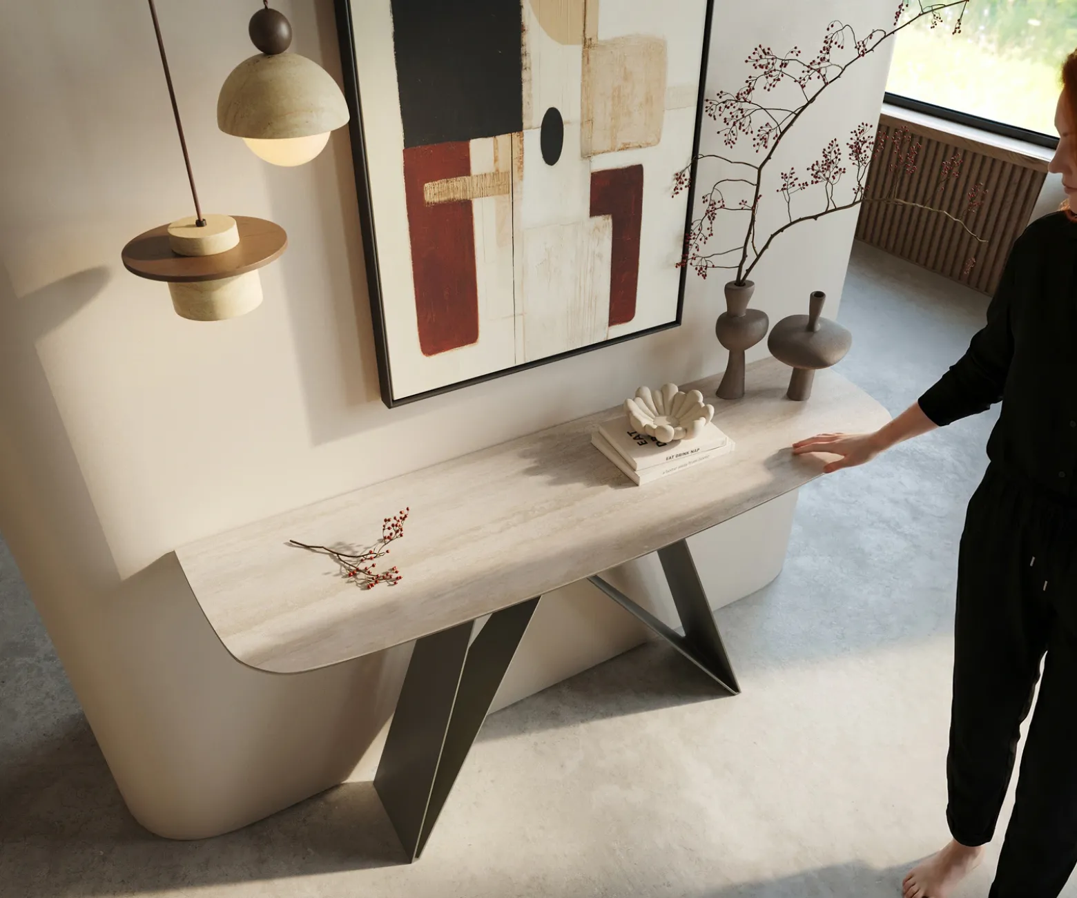 KonsolentischEdge Boot 140x40 cm Keramik Laminam® Travertino Bianco Creme-Weiß Velio Metall Effektfinish Titan Sofort versandfertig