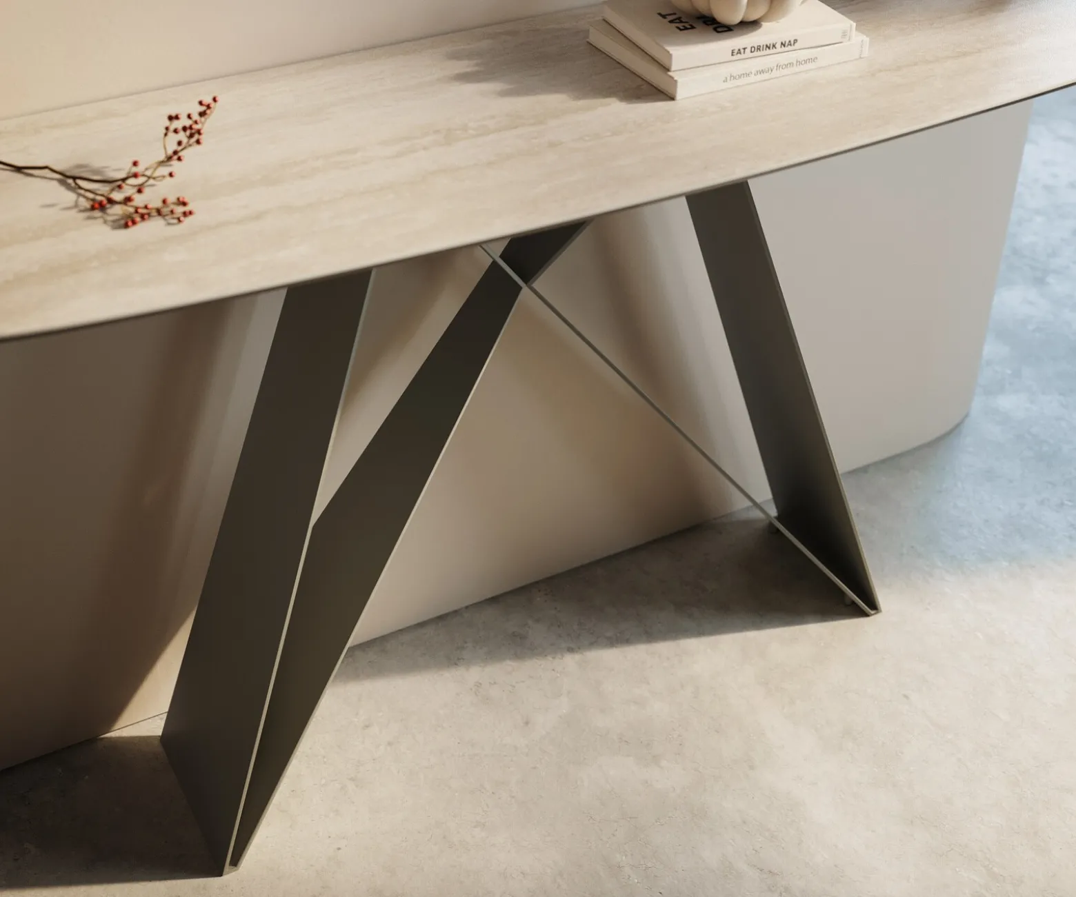 KonsolentischEdge Boot 140x40 cm Keramik Laminam® Travertino Bianco Creme-Weiß Velio Metall Effektfinish Titan Sofort versandfertig
