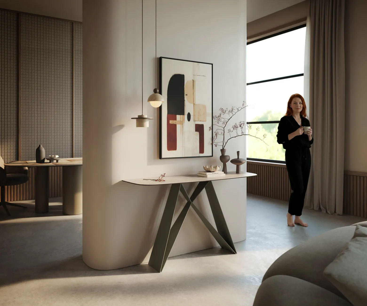 KonsolentischEdge Boot 140x40 cm Keramik Laminam® Travertino Bianco Creme-Weiß Velio Metall Effektfinish Titan Sofort versandfertig
