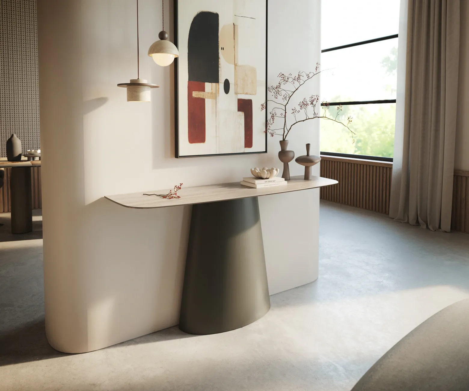 KonsolentischEdge Boot 140x40 cm Keramik Laminam® Travertino Bianco Creme-Weiß Conos Metall Effektfinish Titan Sofort versandfertig