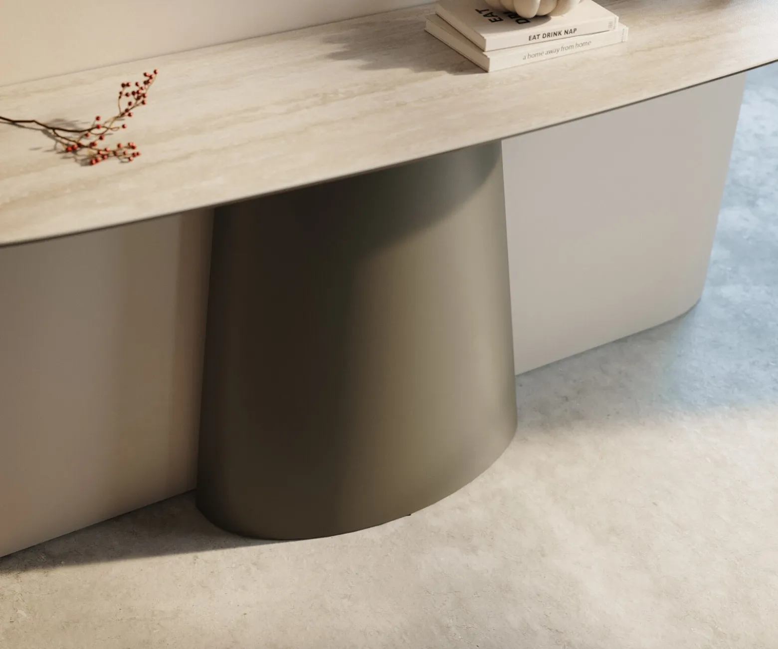 KonsolentischEdge Boot 140x40 cm Keramik Laminam® Travertino Bianco Creme-Weiß Conos Metall Effektfinish Titan Sofort versandfertig