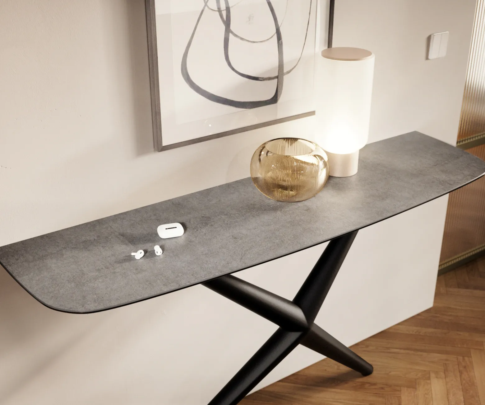 KonsolentischEdge Boot 140x40 cm Keramik Beton Grau Estelo Metall Schwarz Sofort versandfertig