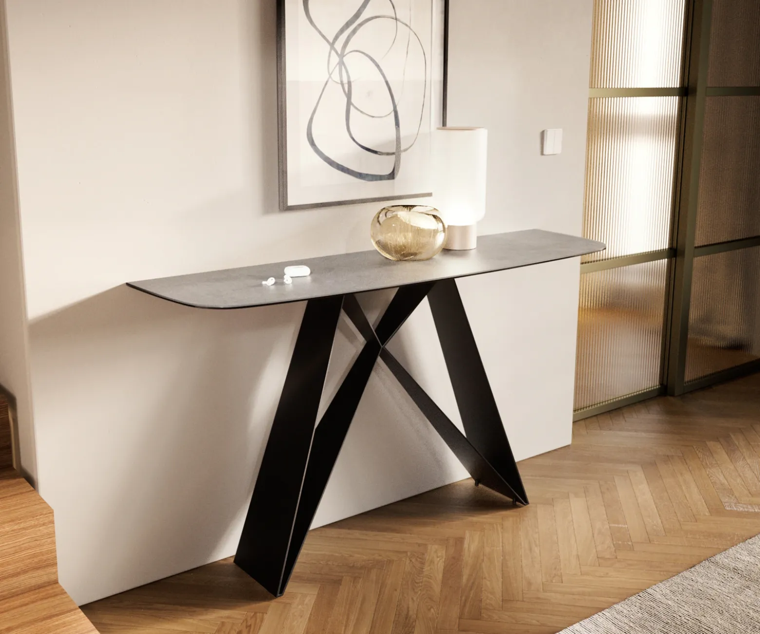 KonsolentischEdge Boot 140x40 cm Keramik Beton Grau Velio Metall Schwarz Sofort versandfertig