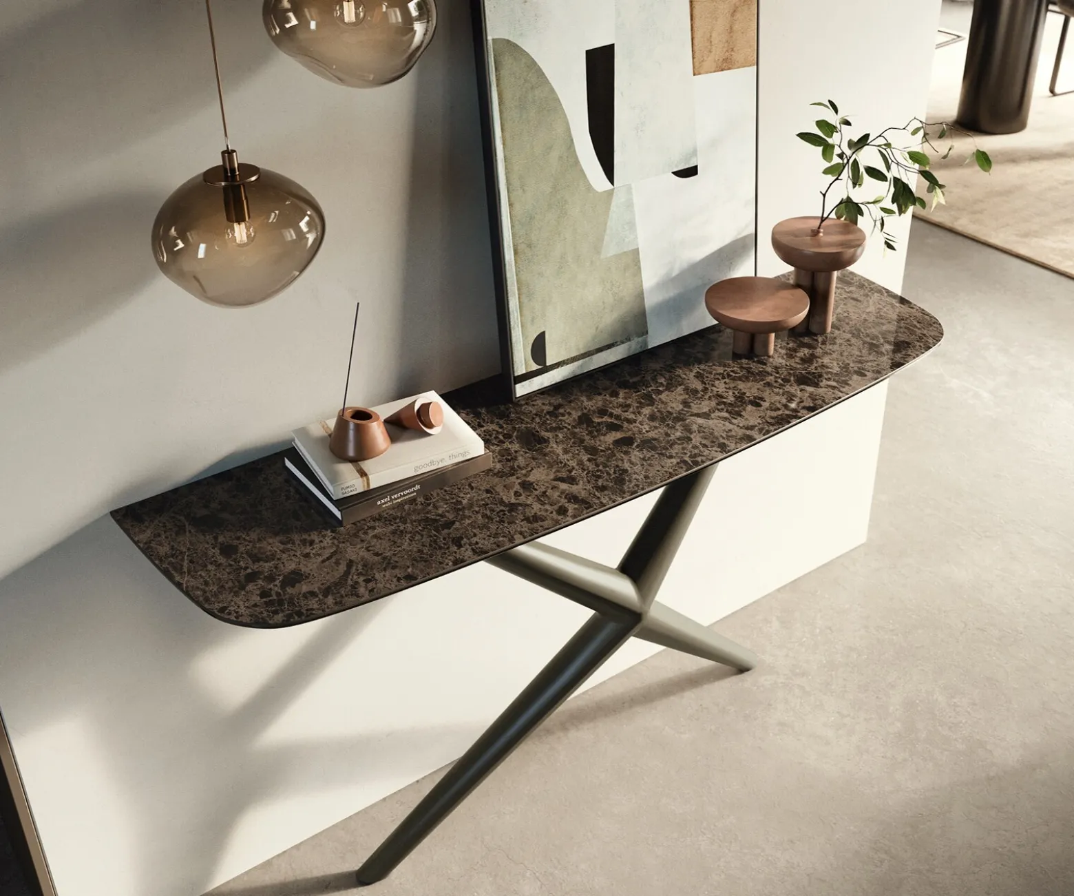 KonsolentischEdge Boot 140x40 cm Keramik Emperador Extra Lucidato Dunkelbraun Estelo Metall Effektfinish Titan Sofort versandfertig