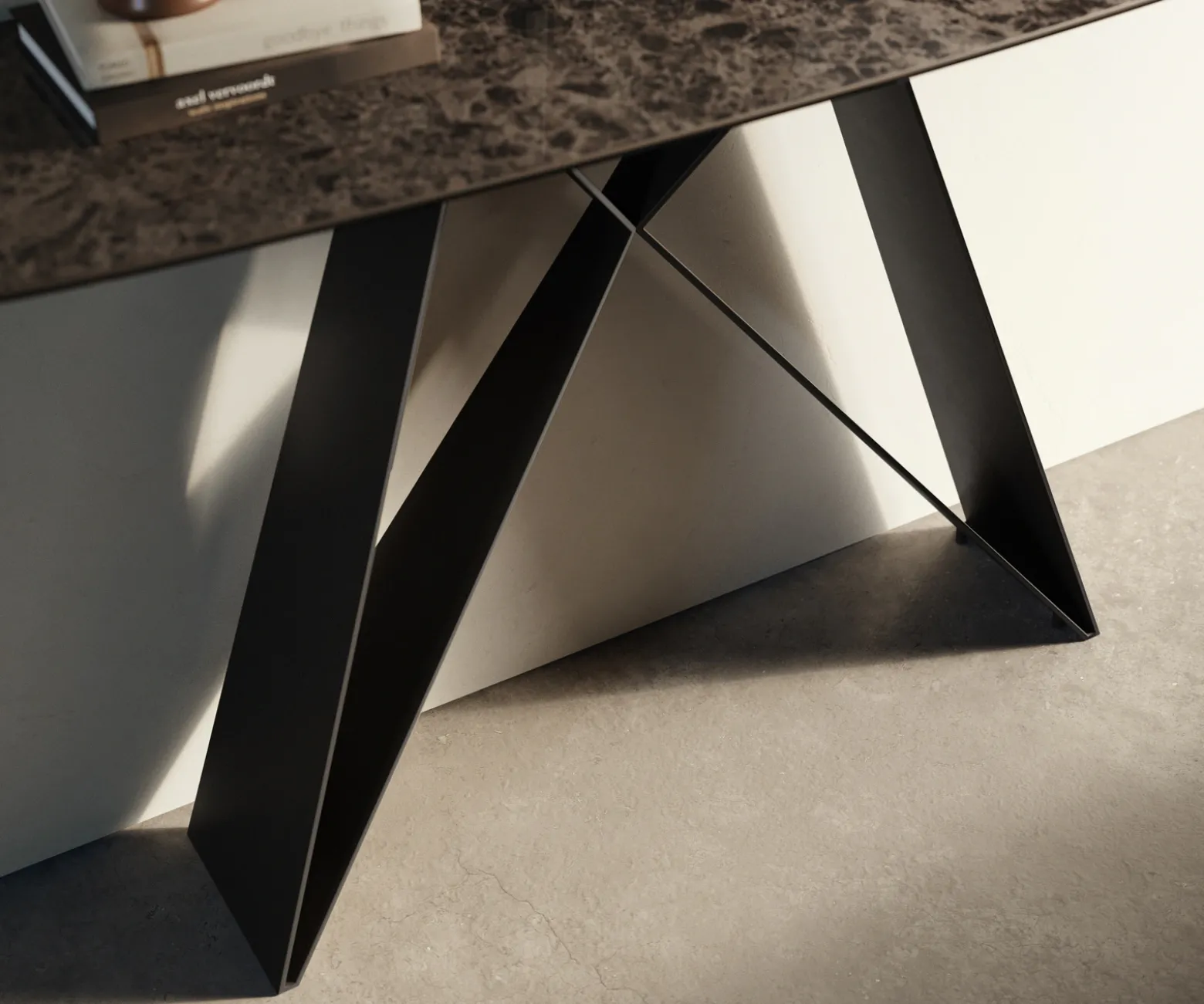 KonsolentischEdge Boot 140x40 cm Keramik Emperador Extra Lucidato Dunkelbraun Velio Metall Schwarz Sofort versandfertig