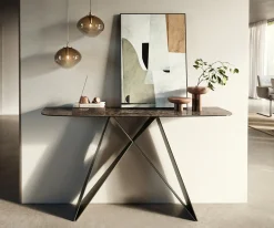 KonsolentischEdge Boot 140x40 cm Keramik Emperador Extra Lucidato Dunkelbraun Velio Metall Effektfinish Titan Sofort versandfertig