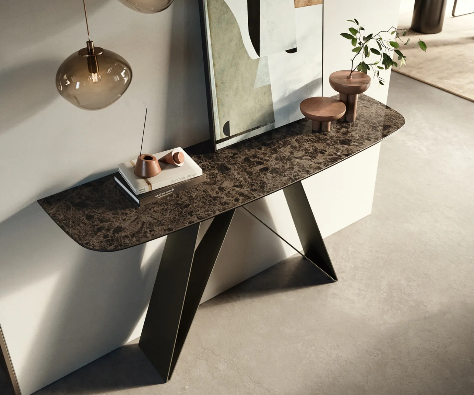 KonsolentischEdge Boot 140x40 cm Keramik Emperador Extra Lucidato Dunkelbraun Velio Metall Effektfinish Titan Sofort versandfertig