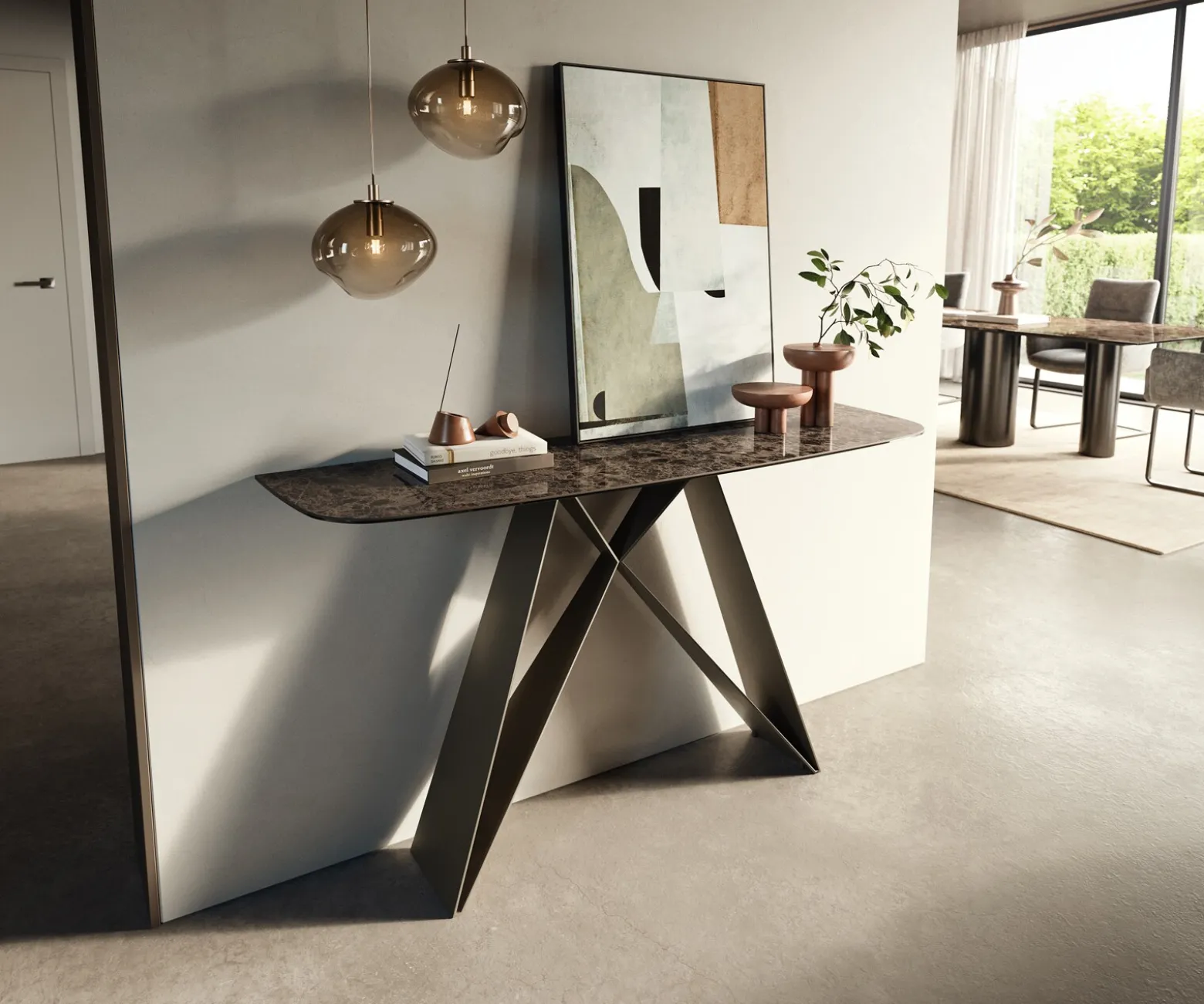 KonsolentischEdge Boot 140x40 cm Keramik Emperador Extra Lucidato Dunkelbraun Velio Metall Effektfinish Titan Sofort versandfertig