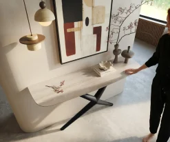 KonsolentischEdge Boot 140x40 cm Keramik Laminam® Travertino Bianco Creme-Weiß Estelo Metall Schwarz Sofort versandfertig