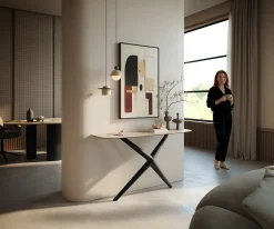 KonsolentischEdge Boot 140x40 cm Keramik Laminam® Travertino Bianco Creme-Weiß Estelo Metall Schwarz Sofort versandfertig