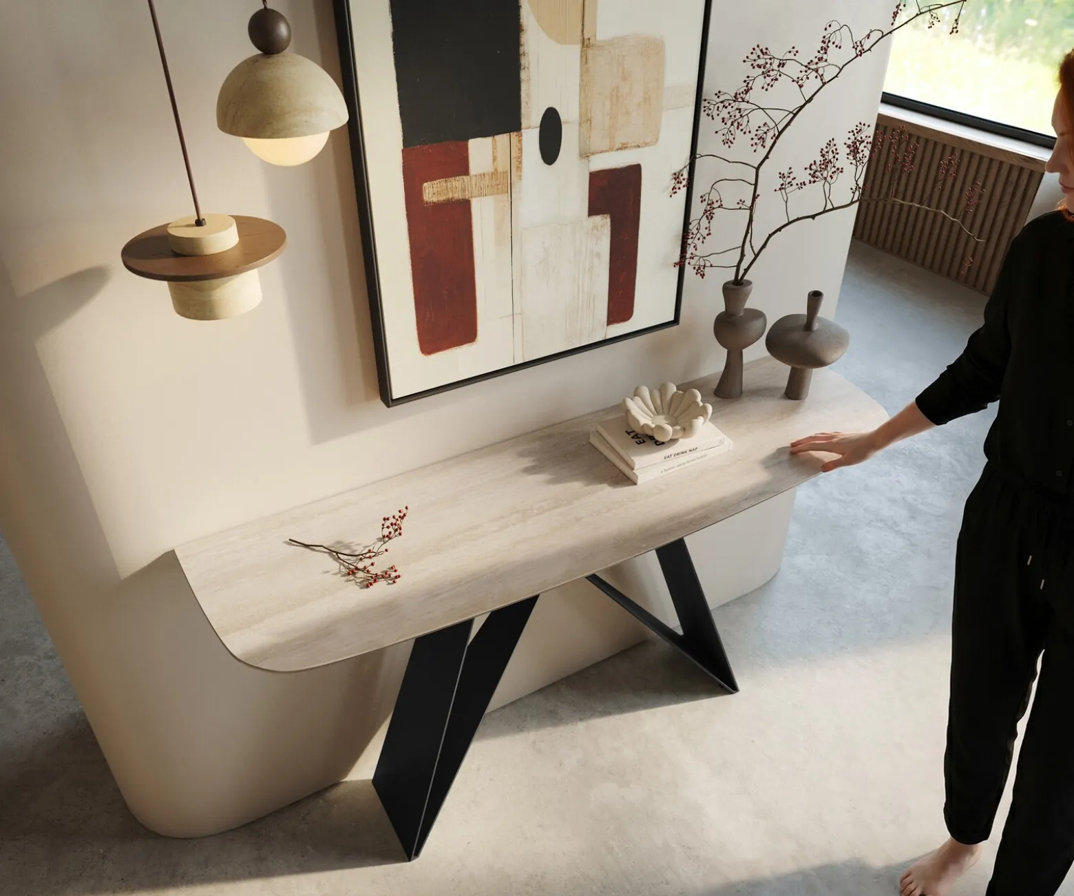 KonsolentischEdge Boot 140x40 cm Keramik Laminam® Travertino Bianco Creme-Weiß Velio Metall Schwarz Sofort versandfertig