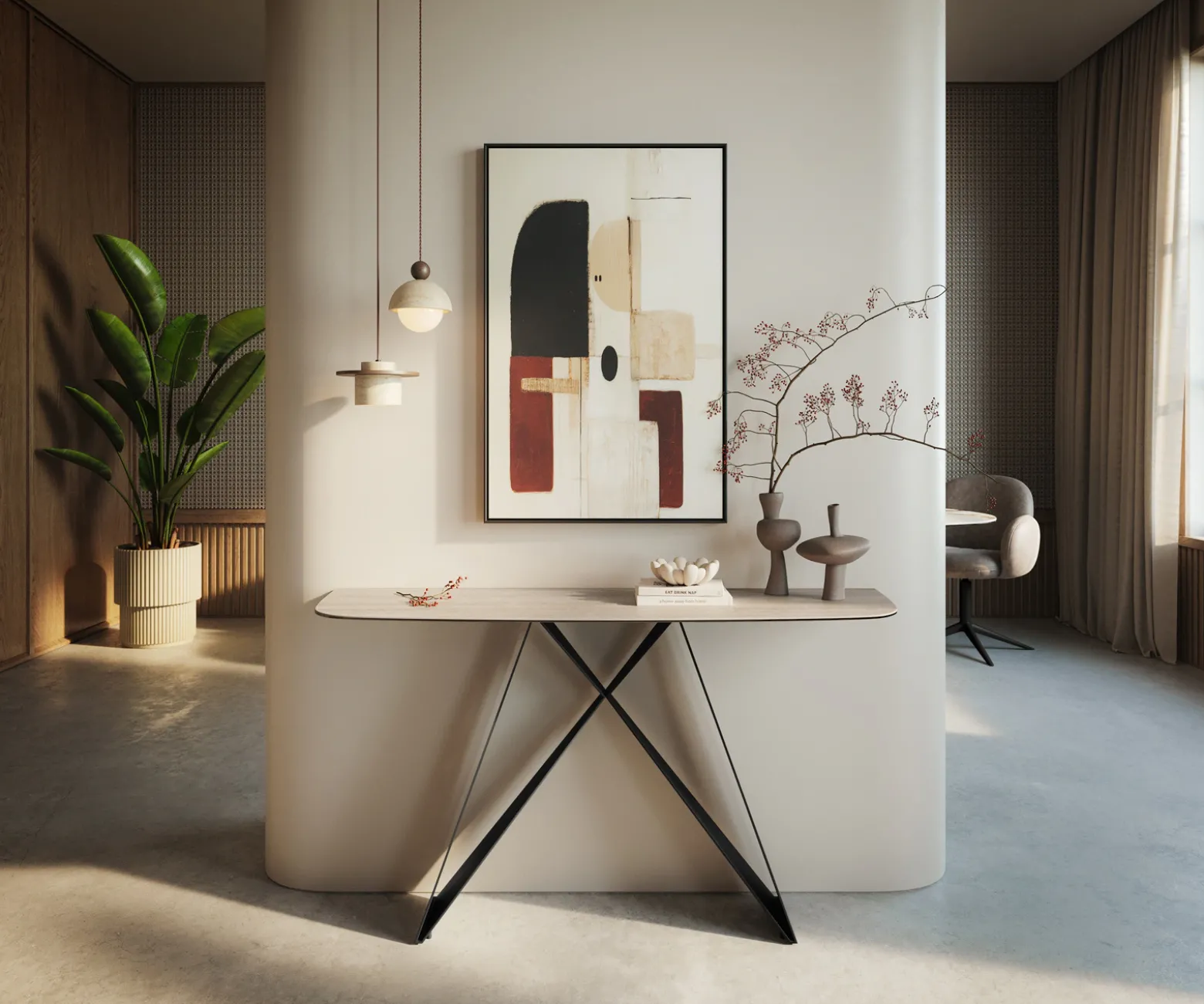 KonsolentischEdge Boot 140x40 cm Keramik Laminam® Travertino Bianco Creme-Weiß Velio Metall Schwarz Sofort versandfertig