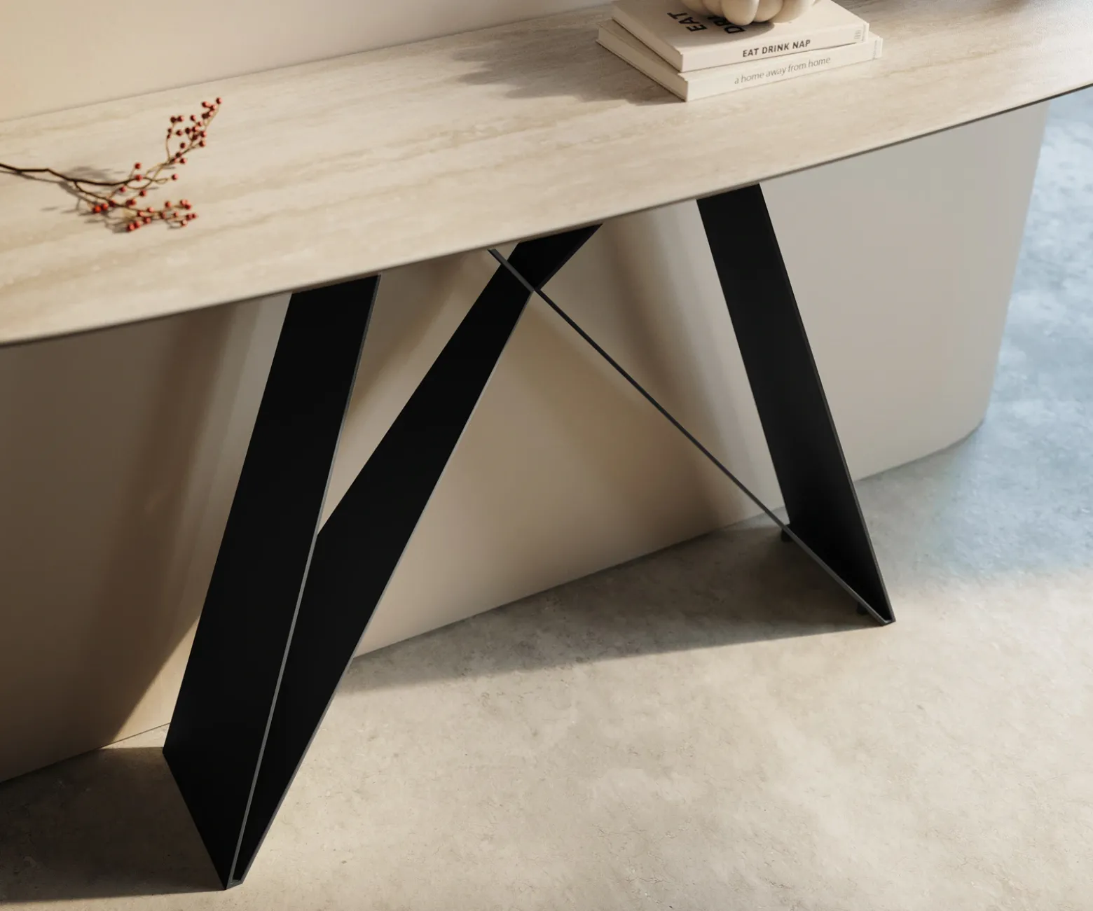 KonsolentischEdge Boot 140x40 cm Keramik Laminam® Travertino Bianco Creme-Weiß Velio Metall Schwarz Sofort versandfertig