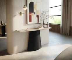 KonsolentischEdge Boot 140x40 cm Keramik Laminam® Travertino Bianco Creme-Weiß Conos Metall Schwarz Sofort versandfertig
