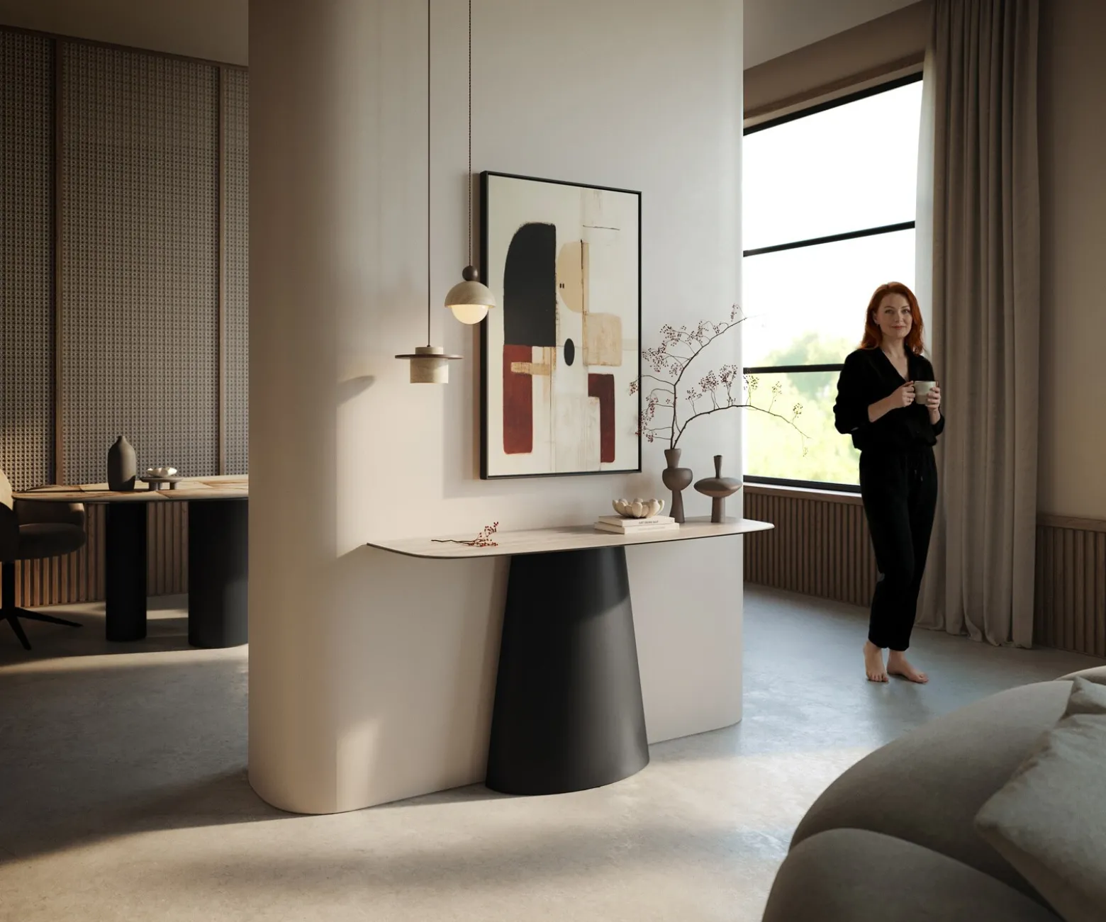 KonsolentischEdge Boot 140x40 cm Keramik Laminam® Travertino Bianco Creme-Weiß Conos Metall Schwarz Sofort versandfertig