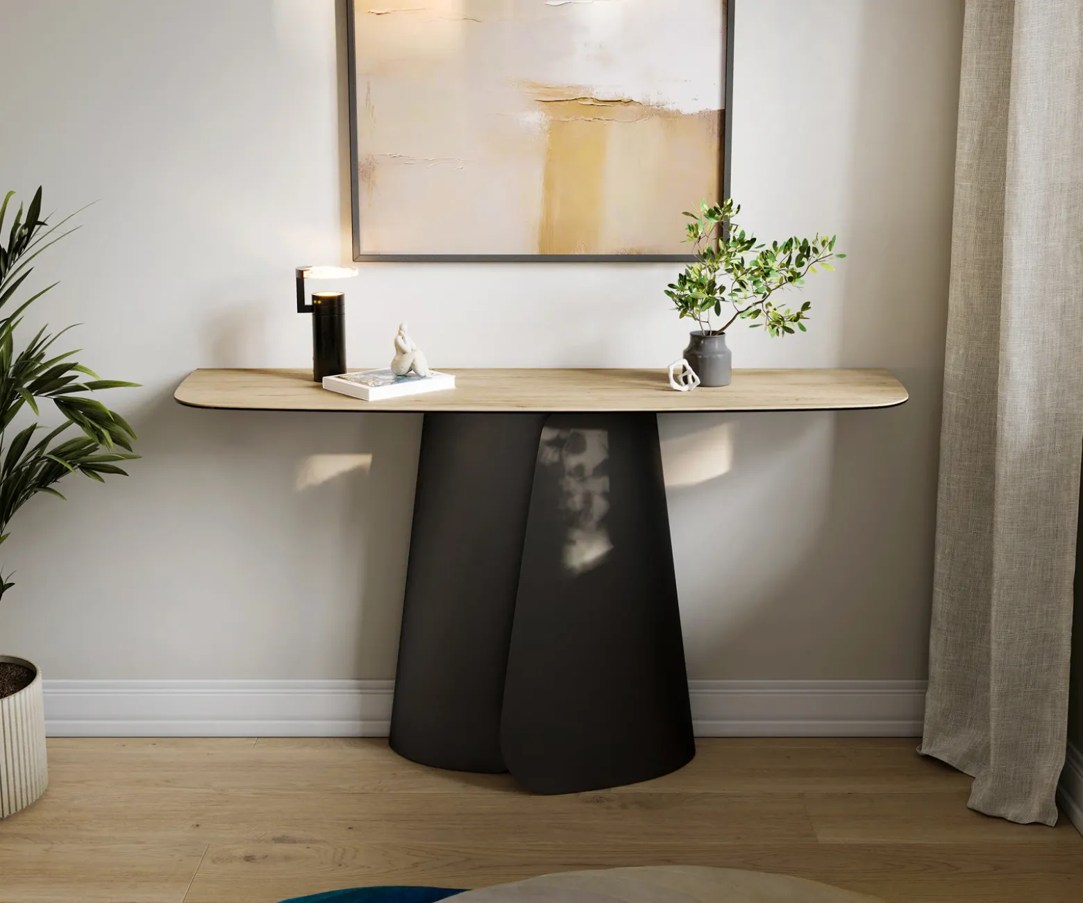KonsolentischEdge Boot 140x40 cm Keramik Laminam® Sabbia Eichefarbig Livos Metall Schwarz Sofort versandfertig