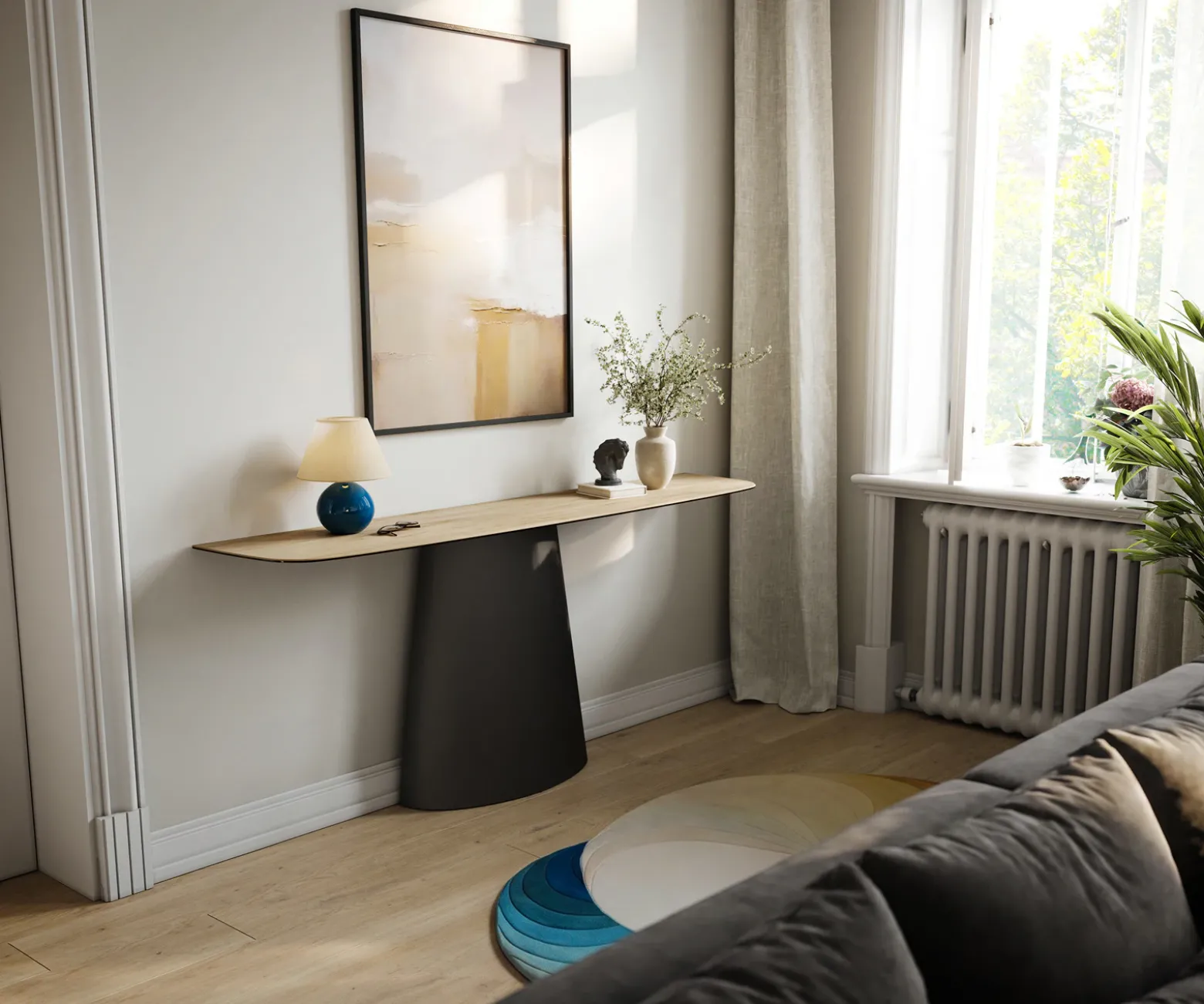 KonsolentischEdge Boot 180x40 cm Keramik Laminam® Sabbia Eichefarbig Conos Metall Schwarz Sofort versandfertig