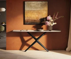 KonsolentischEdge Boot 180x40 cm Keramik Laminam® Travertino Bianco Creme-Weiß Estelo Metall Schwarz Sofort versandfertig