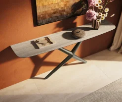 KonsolentischEdge Boot 180x40 cm Keramik Laminam® Travertino Bianco Creme-Weiß Estelo Metall Effektfinish Titan Sofort versandfertig