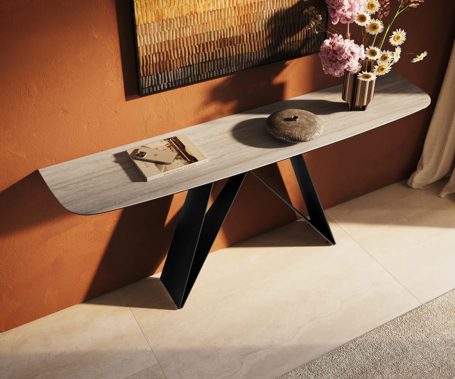 KonsolentischEdge Boot 180x40 cm Keramik Laminam® Travertino Bianco Creme-Weiß Velio Metall Schwarz Sofort versandfertig