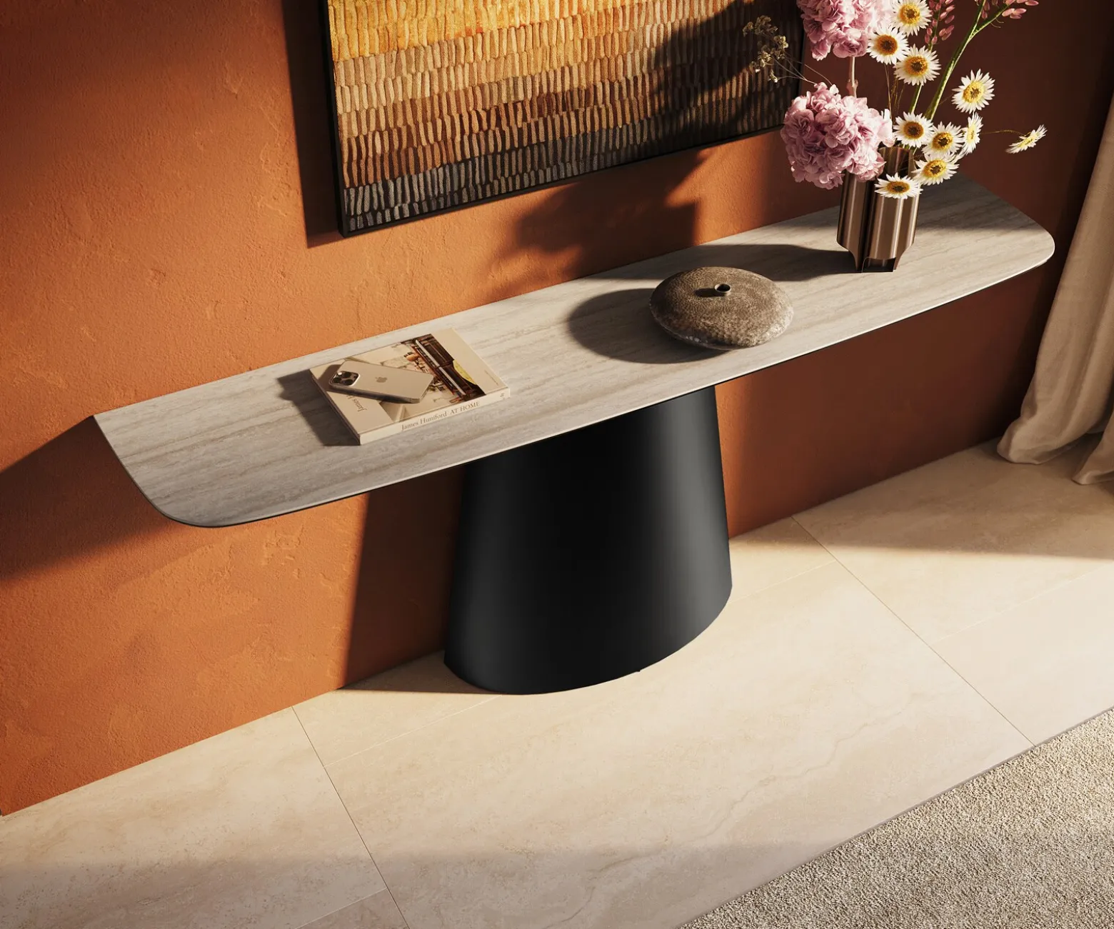 KonsolentischEdge Boot 180x40 cm Keramik Laminam® Travertino Bianco Creme-Weiß Conos Metall Schwarz Sofort versandfertig