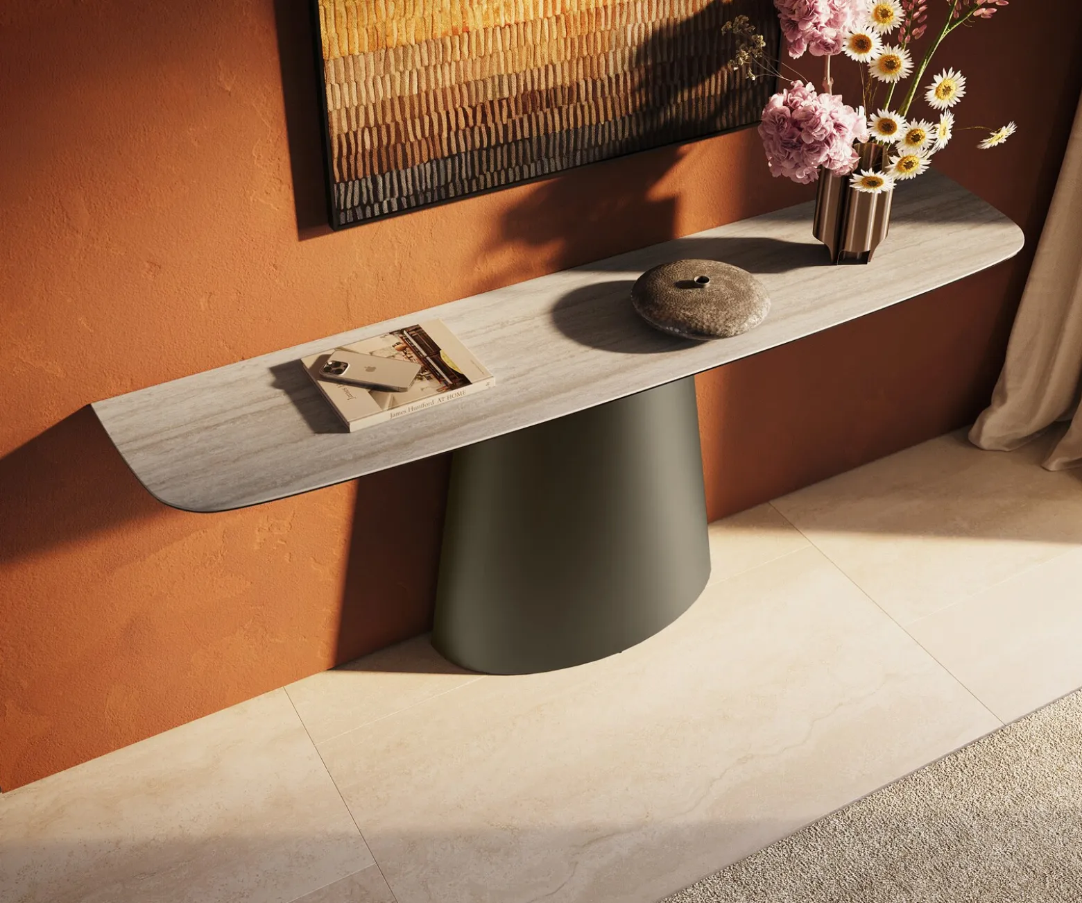 KonsolentischEdge Boot 180x40 cm Keramik Laminam® Travertino Bianco Creme-Weiß Conos Metall Effektfinish Titan Sofort versandfertig