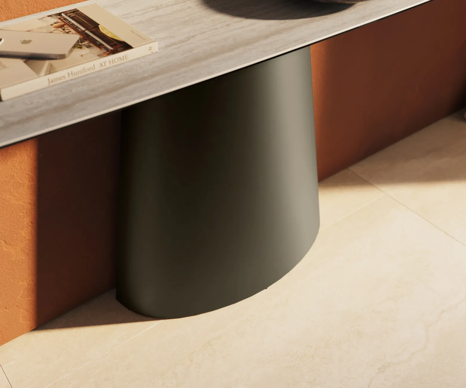 KonsolentischEdge Boot 180x40 cm Keramik Laminam® Travertino Bianco Creme-Weiß Conos Metall Effektfinish Titan Sofort versandfertig