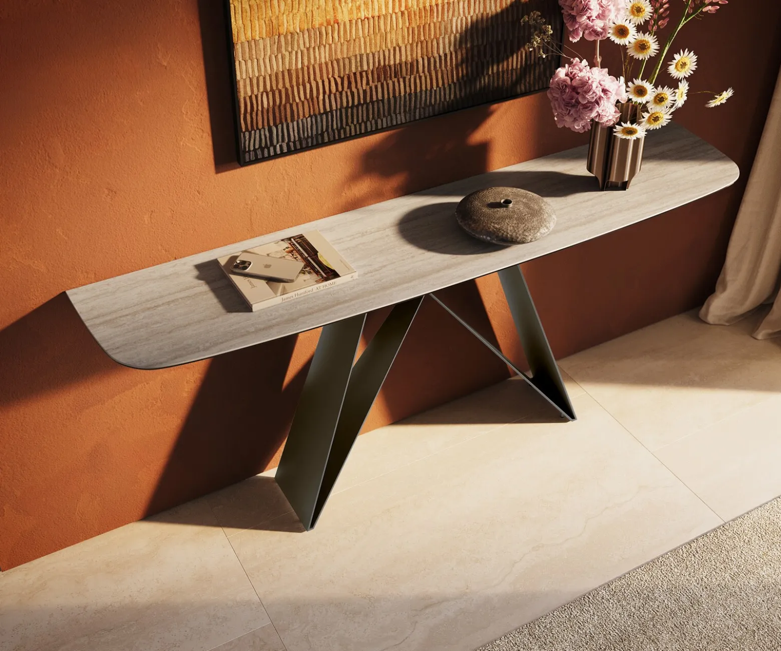 KonsolentischEdge Boot 180x40 cm Keramik Laminam® Travertino Bianco Creme-Weiß Velio Metall Effektfinish Titan Sofort versandfertig